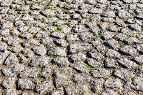 Old cobble stone paving perspective background. Paving stone pavement textu.. Stock Photos