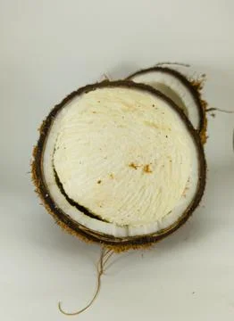 Old coconut shell that has been split open contains Kentos Embryo Coconut Fruit Foto stock