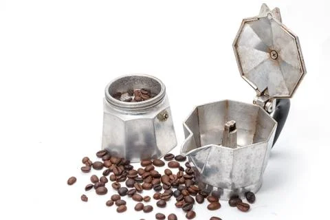 Old coffee maker with coffee bean isolated on white Stock Photos