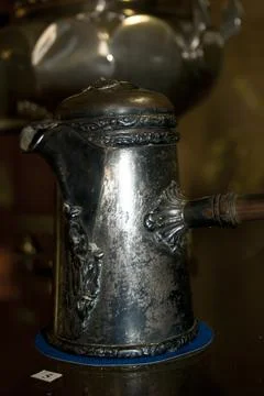 Old coffee pot on a black background, close-up, horizontal Stock Photos
