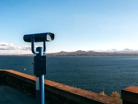 Old coin binocular at Sevanavank Monastery with Lake Sevan view with mounta.. Stock Photos
