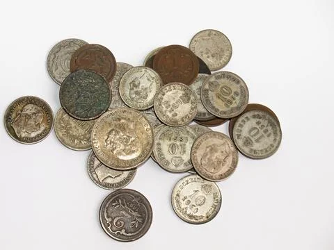 Old coins of different value, 19th century Foto stock