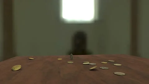 Old coins falling on table with slowmotion effect Stock Footage 152979831