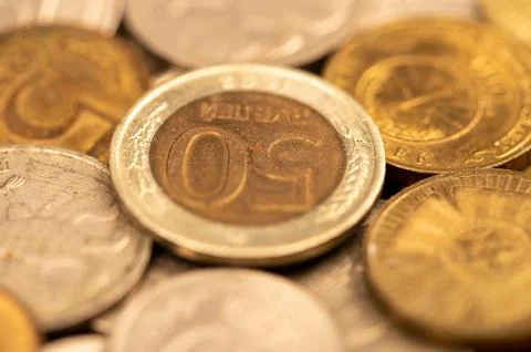 Old coins of the USSR in bulk on a flat surface, background image. Stock Photos