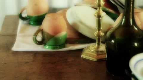 Old Colonial Table and Dishes Stock Footage
