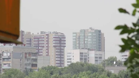 Old colored skyrail cableway in front of apartament house Stock Footage 78072269