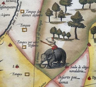 Old coloured map of Ceylon or Sri Lanka decorated with an elephant, by Jodocus Stock Illustration