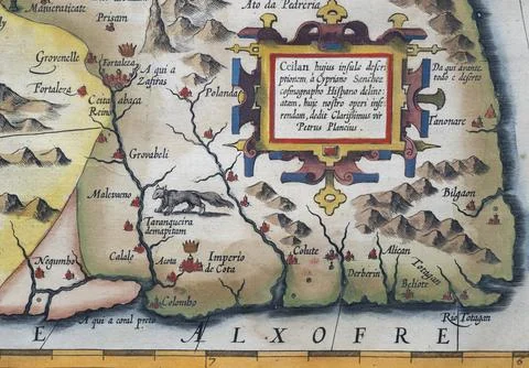 Old coloured map of Ceylon or Sri Lanka decorated with decorative cartouche, by Stock Photos