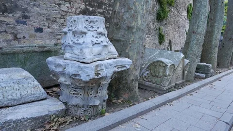 Old column order stay at roadside, outdoor exposition at Archaeological Museum Stock Footage 83168630