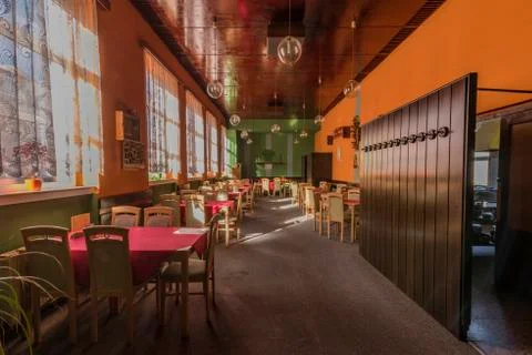Old communistic restaurant with nice dining hall Stock Photos