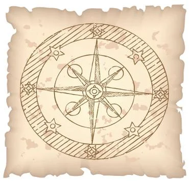 Old compass on paper background. Stock Illustration