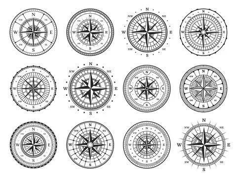 Old compass, vintage map wind rose directions Stock Illustration