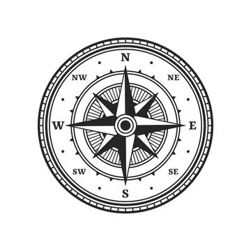 Old compass, vintage map wind rose navigation sign Illustrazione stock