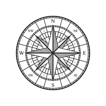 Old compass, vintage map wind rose, marine star Stock Illustration