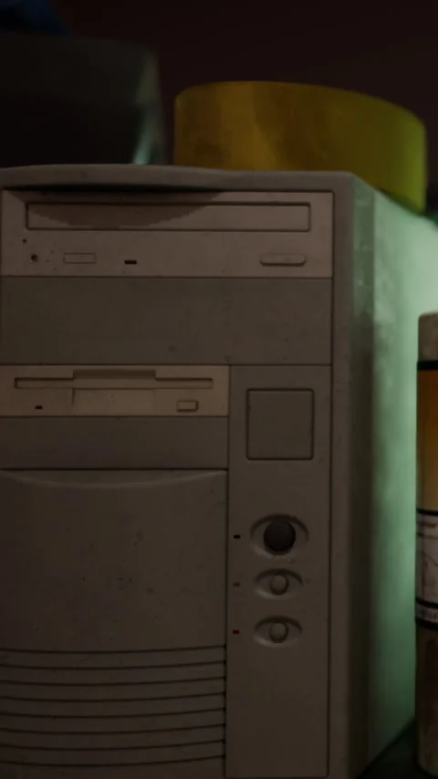 Old computer and glue bottle sit on a desk in a dimly lit room Stock Footage 338417946