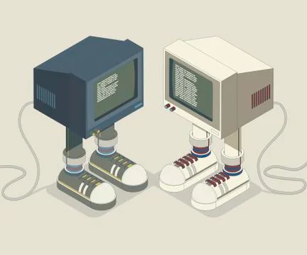 Old computer characters looking at each other and communicating through code Stock Illustration