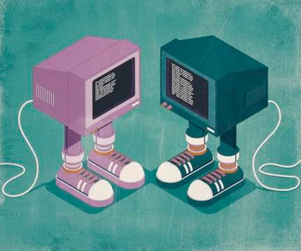 Old computer characters looking at each other and communicating through code 스톡 일러스트