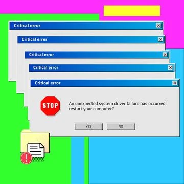Old computer. Critical error notification. OS message. PC restart. Dialog window Illustrazione stock
