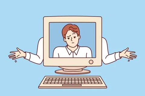 Old computer with disappointed man on screen, as metaphor outdated technologies Stock Illustration