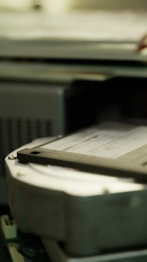 Old computer disk being loaded into a drive in a technology workshop Stock Footage 335093196