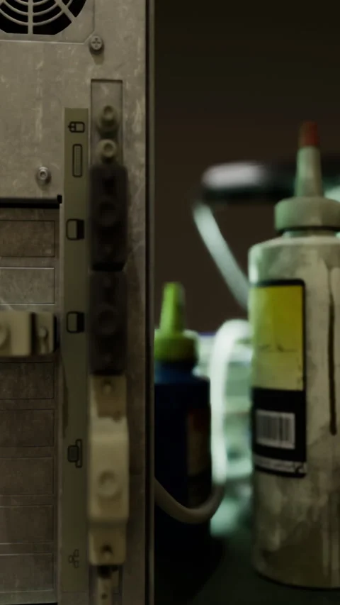 Old computer equipment lined up on a table in a dimly lit workshop Stock Footage 317759201