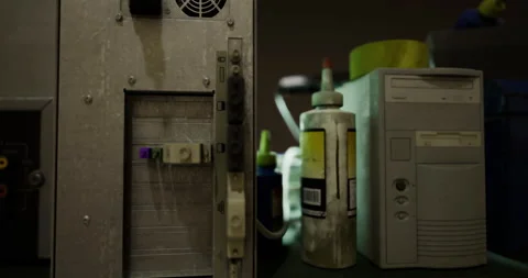 Old computer equipment lined up on a table in a dimly lit workshop Stock Footage 320265690