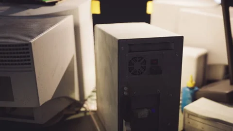 Old computer equipment stacked on a desk in a dimly lit room Stock Footage 294096806