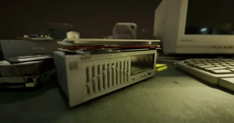 Old computer equipment is stacked on a desk in a dimly lit room Stock Footage 305440145