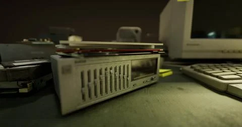 Old computer equipment is stacked on a desk in a dimly lit room Stock Illustration