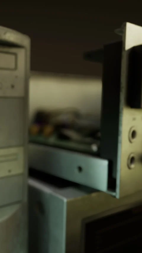 Old computer equipment with various components stacked on a desk Stock Footage 336176602