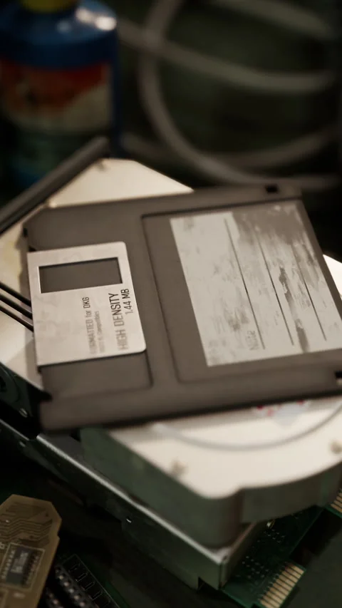 Old computer floppy disk and motherboard Stock Footage 275273362
