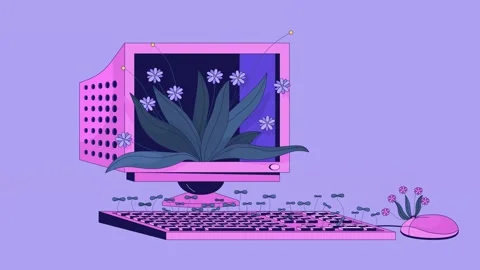 Old computer with grass kawaii lo fi animated cartoon background Stock Footage 301890563