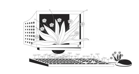 Old computer with growing plants black and white lofi wallpaper Stock Illustration