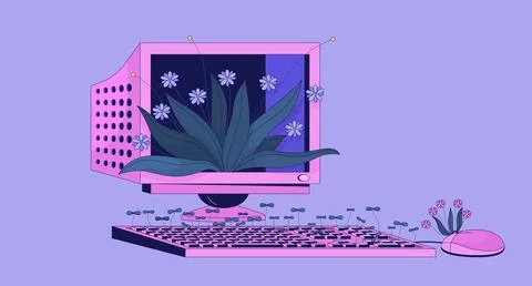 Old computer with growing plants lofi wallpaper Illustrazione stock