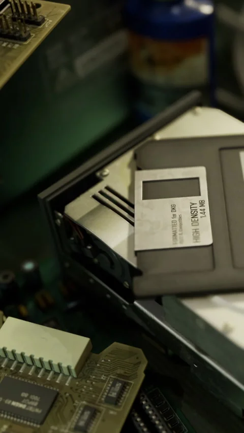 Old computer hardware with a floppy disk and circuit board in a workspace Stock Footage 334198526