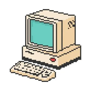 Old computer icon. Pixel art object in 8 bit style. Retro 80s,90s video gam.. Stock Illustration