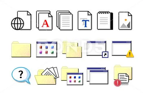 Old computer icons. Retro pixel signs. Yellow folders and white sheets ...