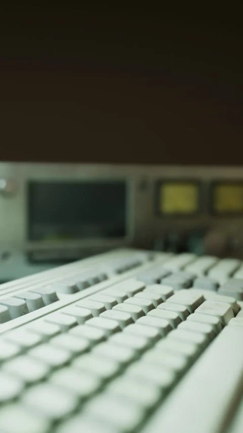 Old computer keyboard and equipment in a workspace during night hours Stock Footage 334198080