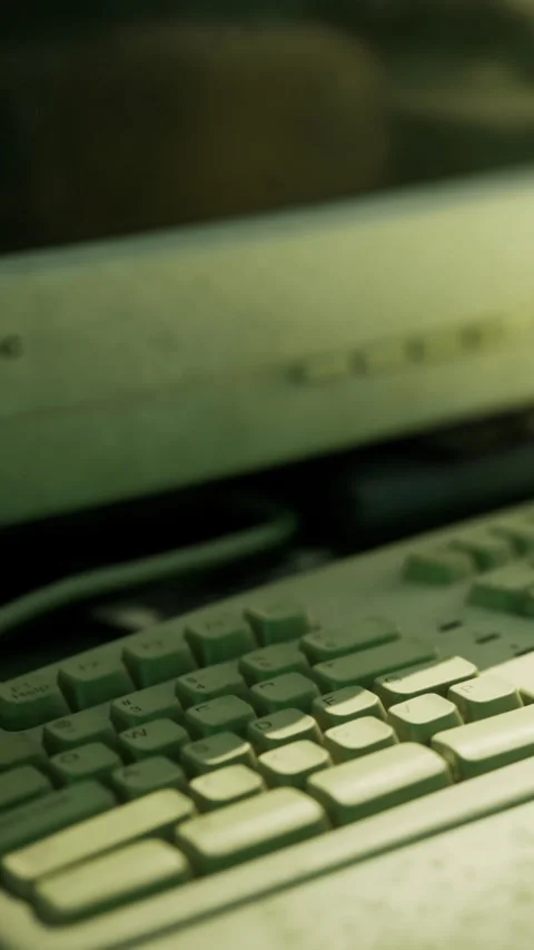 Old computer keyboard nestled among tangled wires in a dimly lit room Stock Footage 331839978