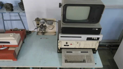 Old Computer Machine With Screen And Keyboard Stock Footage 121726000