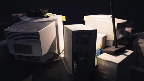 Old computer monitors and equipment in a dimly lit room during the night Stock Footage 304467687