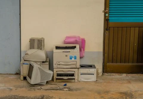 Old computer monitors and printers Stock Photos