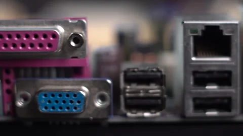 Old Computer Motherboard External Connectors, Close Up Stock Footage 328220767