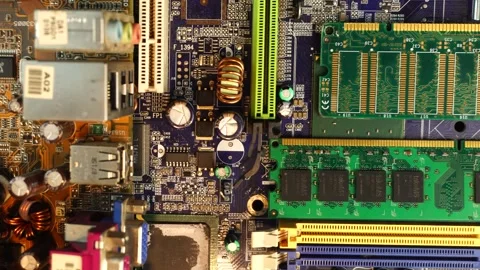 Old Computer Motherboards, RAM Memory Sticks and Electronic Components Stock Footage 328206491