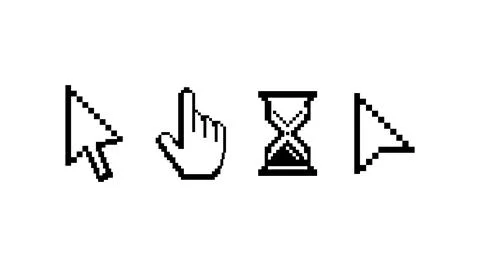 Old computer mouse pointers. Pixelated cursors. Arrow symbols and hand with Stock Illustration