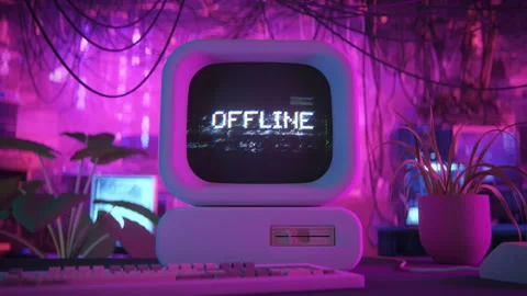 Old computer offline in retrofuturistic room seamless loop 3D render animation Stock Footage 319579513