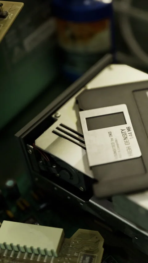 Old computer parts and floppy disks on a workbench during a tech repair session Stock Footage 334183980