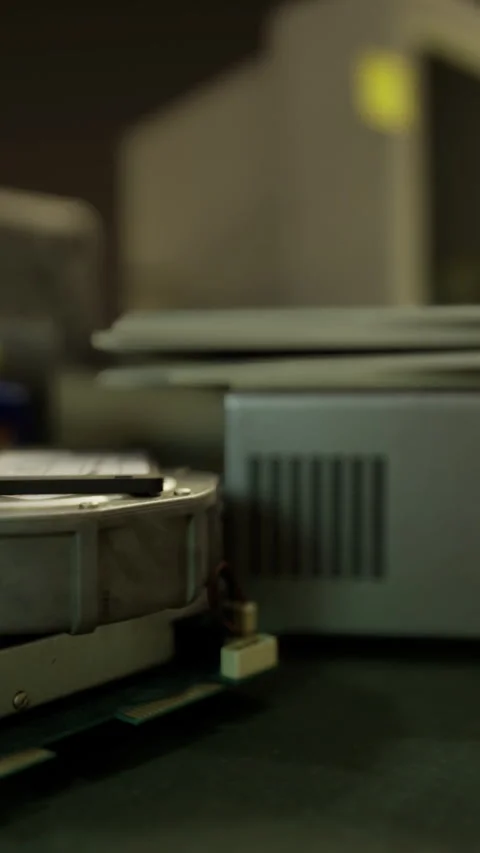Old computer parts and machinery cluttering a workbench at dusk Stock Footage 318836728
