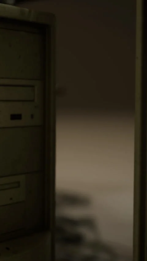 Old computer parts are visible inside a storage room in a building Stock Footage 333567661