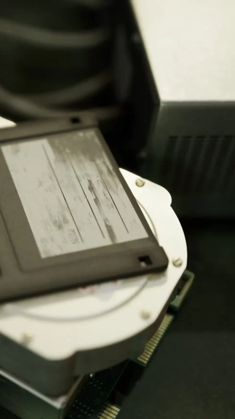 Old computer parts on a black table near a fan and a metallic surface 動画素材 334725548
